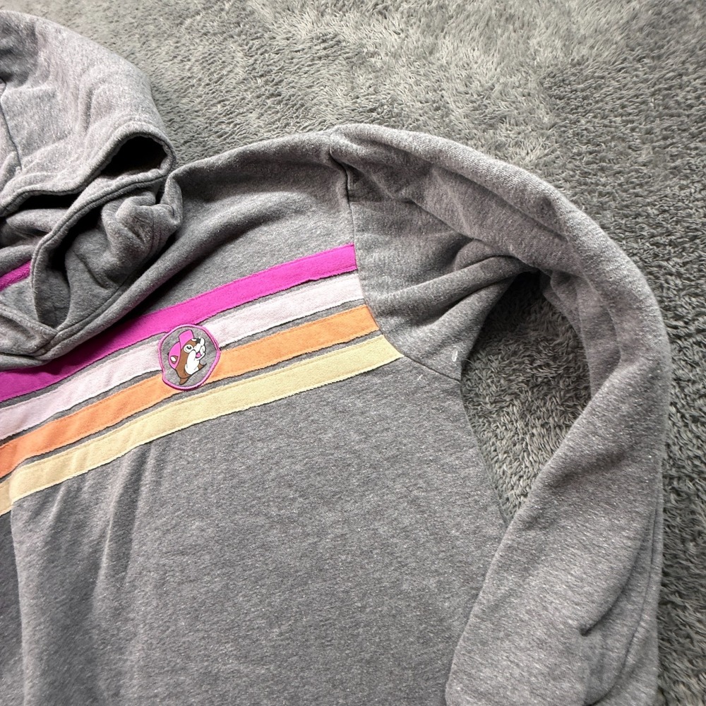 Buc-ee's Women's Fleece Hoodie NWOT Gray Striped Logo Patch L Pullover Cozy - Picture 2 of 6